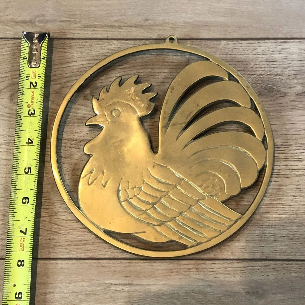 Vintage Brass Rooster Trivet Footed Chicken Hot Plate Farm Cottage Kitchen Decor